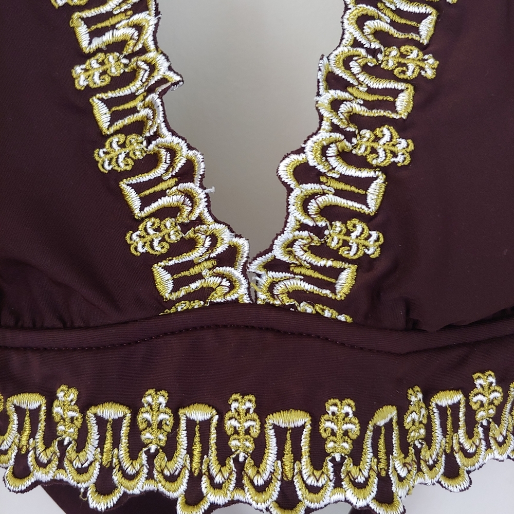 BECCA Swimsuit Embroidered Tie Bikini Set Brown Vintage Size Small - Picture 4 of 11